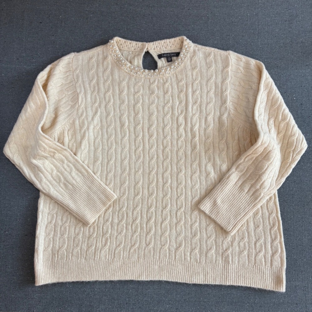 Laurel Grey Pearl Neck Cable Knit Sweater Womens XL Cream NWT Keyhole Coquette